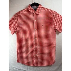 Nautica Boys Red White Gingham Short Sleeve Button Down Shirt Size M 10/12